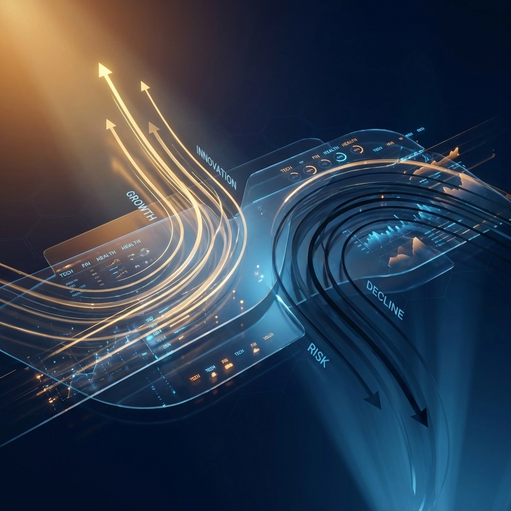 Dynamic visualization showing divergent stock market trends and sector dispersion in 2026