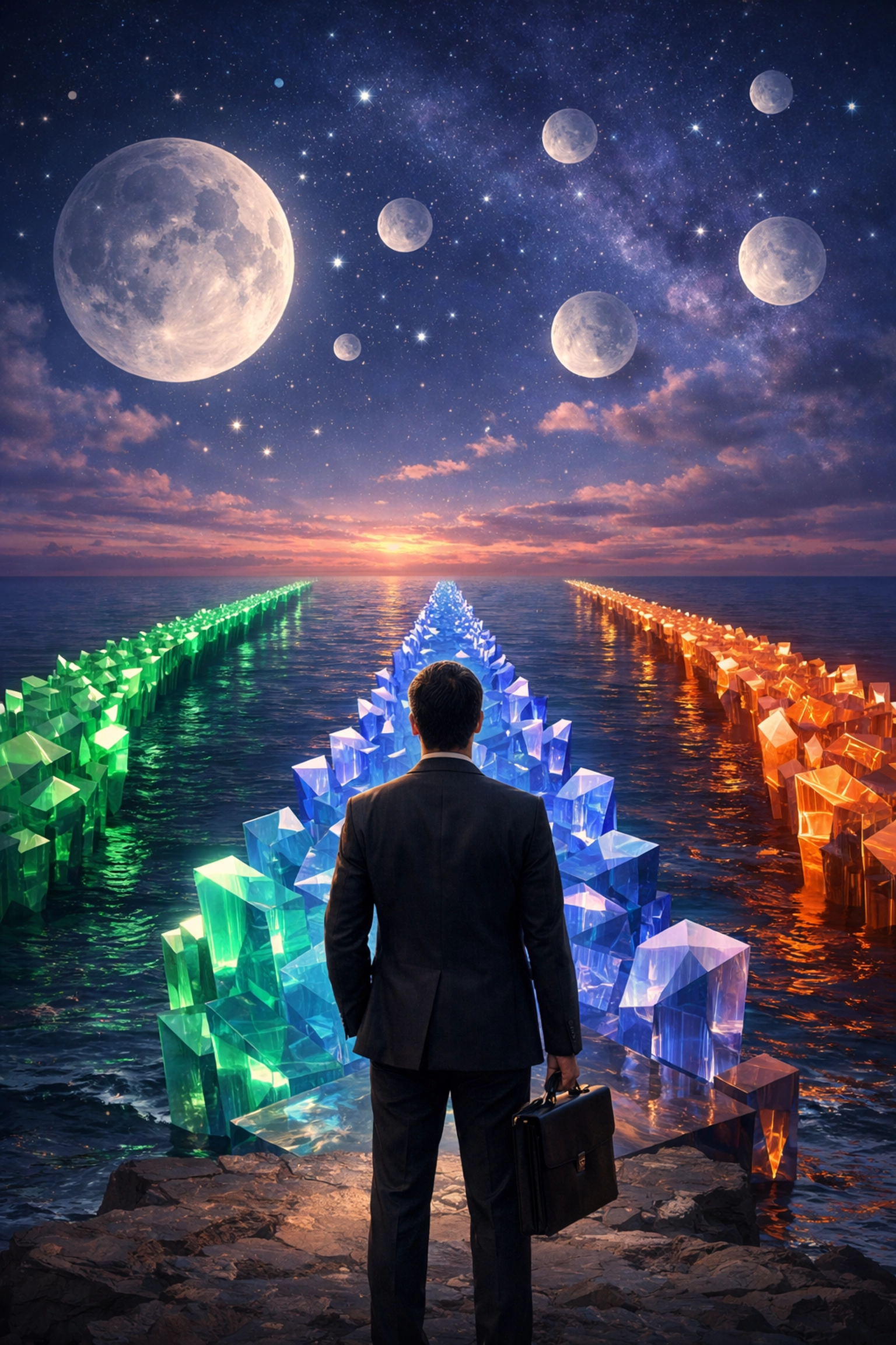 Professional overlooking multiple glowing paths representing the diverse growth in a 2026 portfolio career.