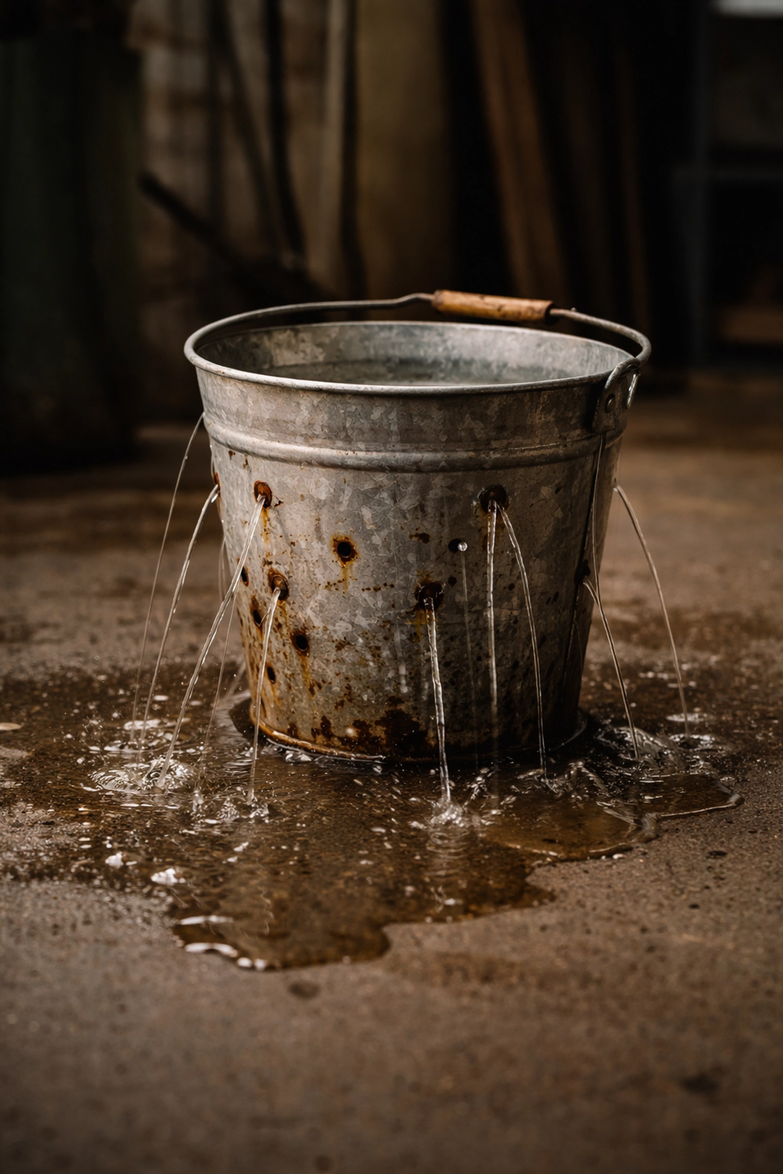 A leaking metal bucket in a dim industrial space symbolizes profit loss in healthcare practices due to operational inefficiency.