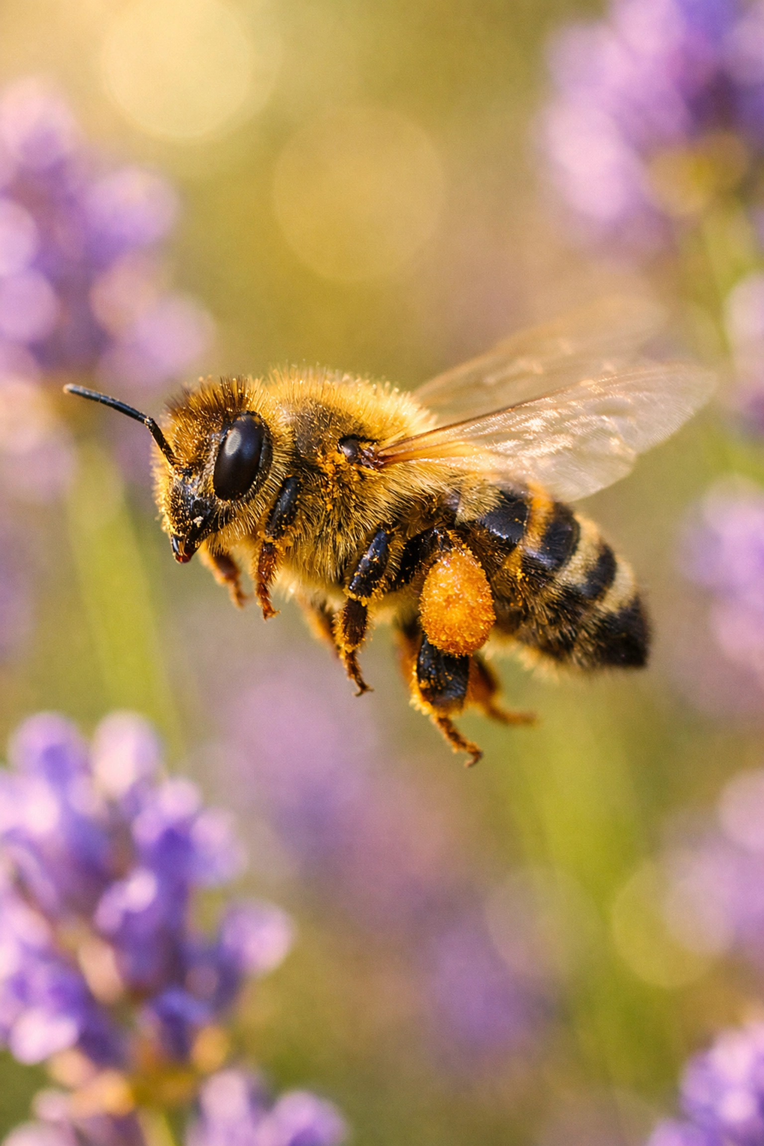 Macro bee shot showing precision camera autofocus powered by AI photo editing technology.