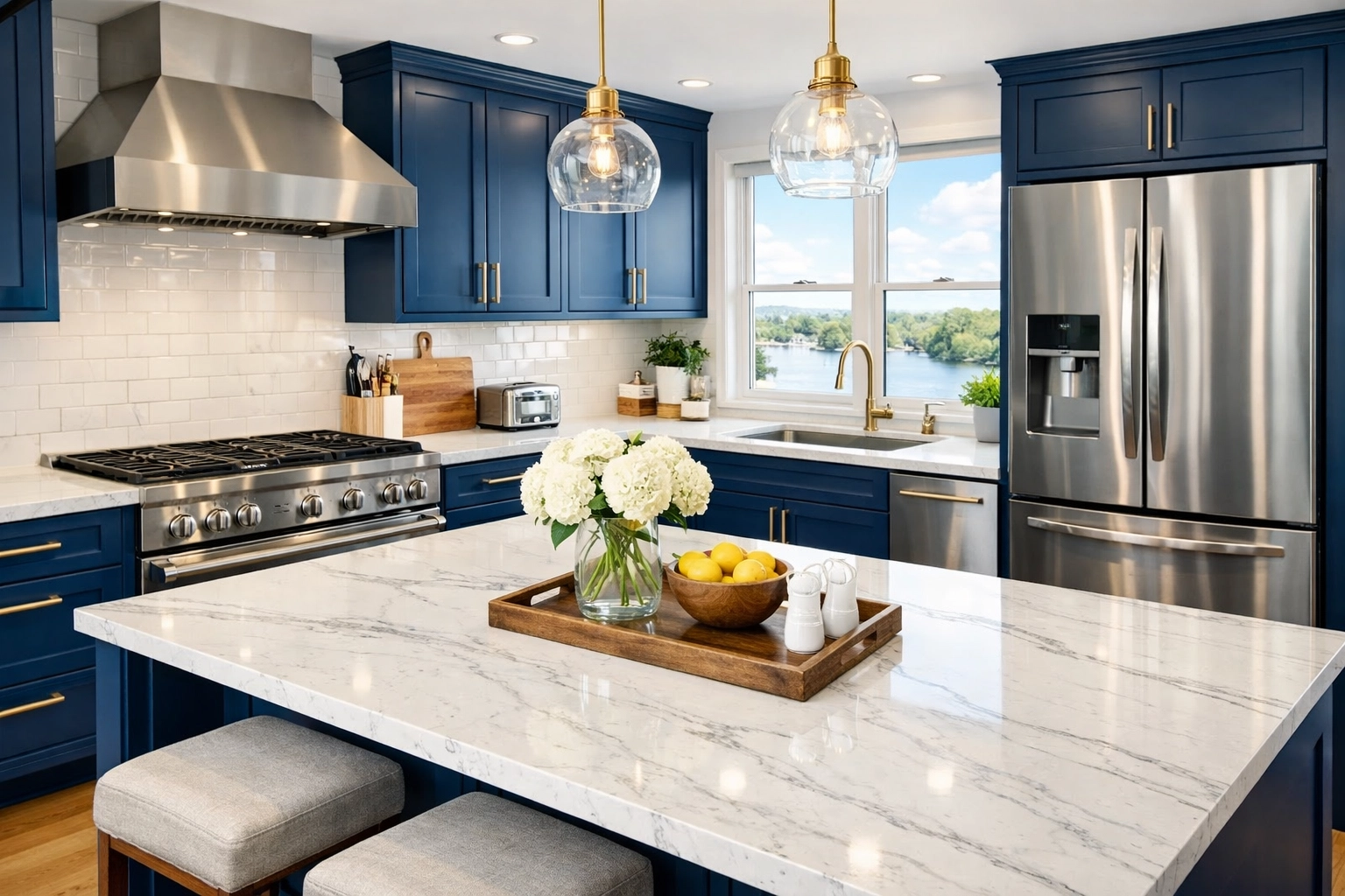 Professional kitchen cleaning in West Cambridge featuring spotless marble countertops and stainless appliances.