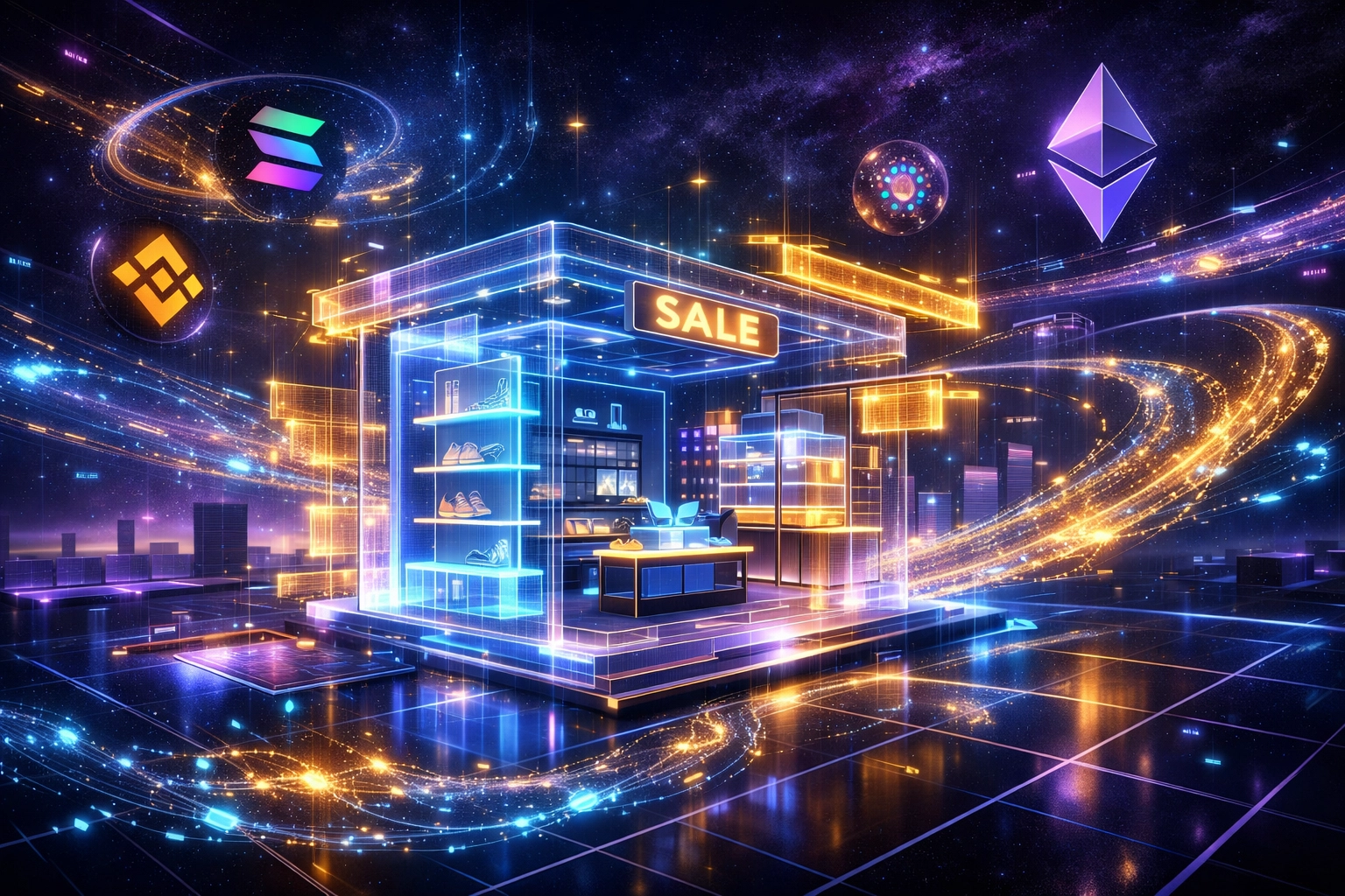 Virtual storefront assembly in a digital metaverse grid using Larecoin AI SDK and blockchain integration.