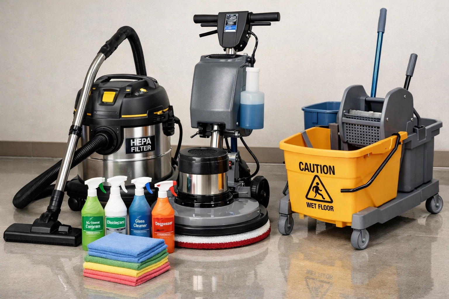 Commercial-grade cleaning equipment including HEPA vacuum and floor buffer machines
