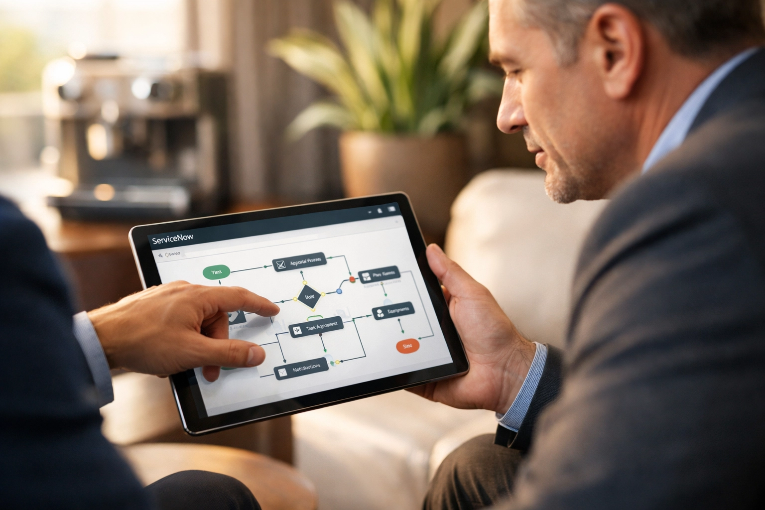 A ServiceNow implementation partner presenting technical ITOM and ITAM strategies to a business leader.
