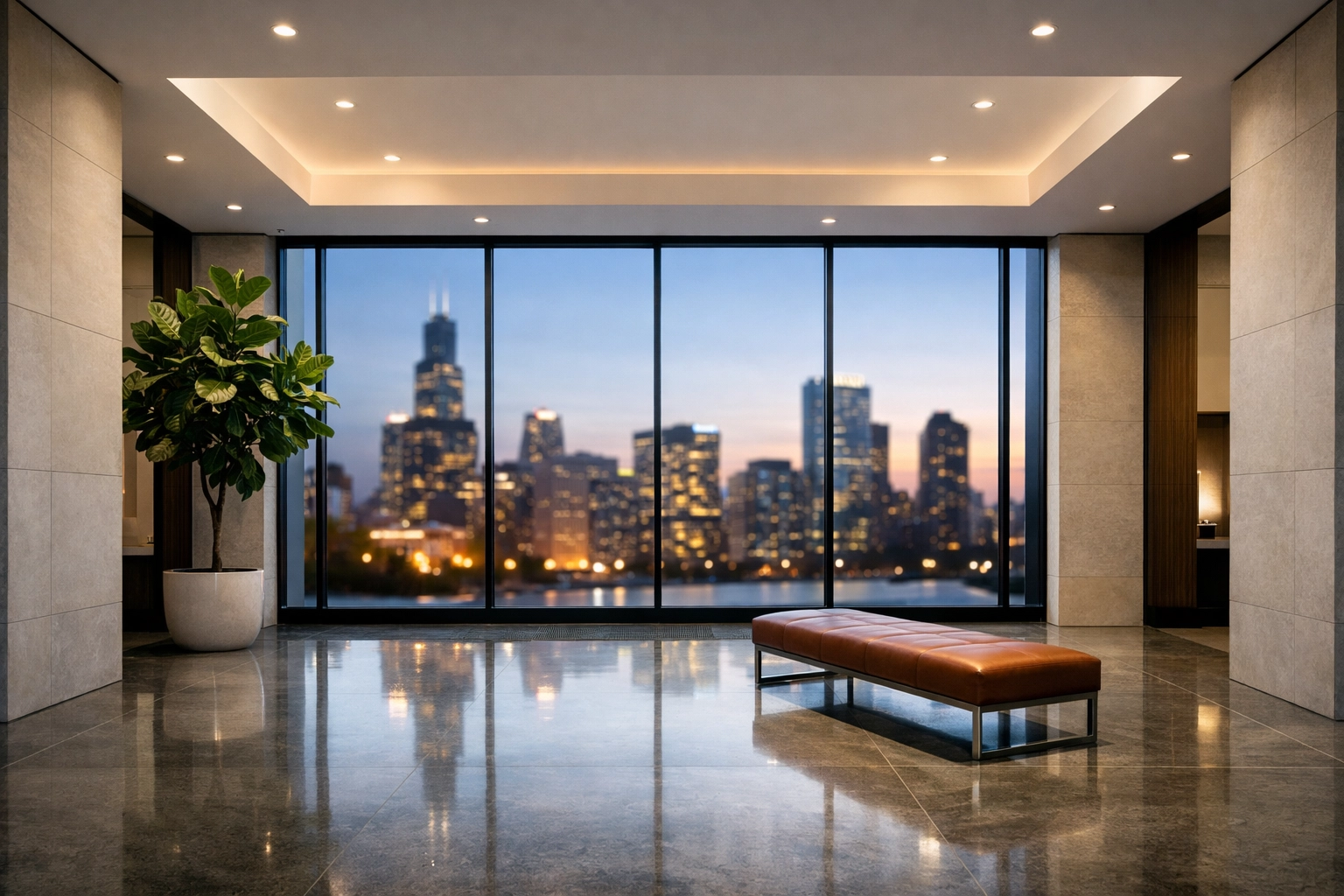 Immaculate modern lobby in a Chicago multifamily property reflecting professional recurring cleaning standards.
