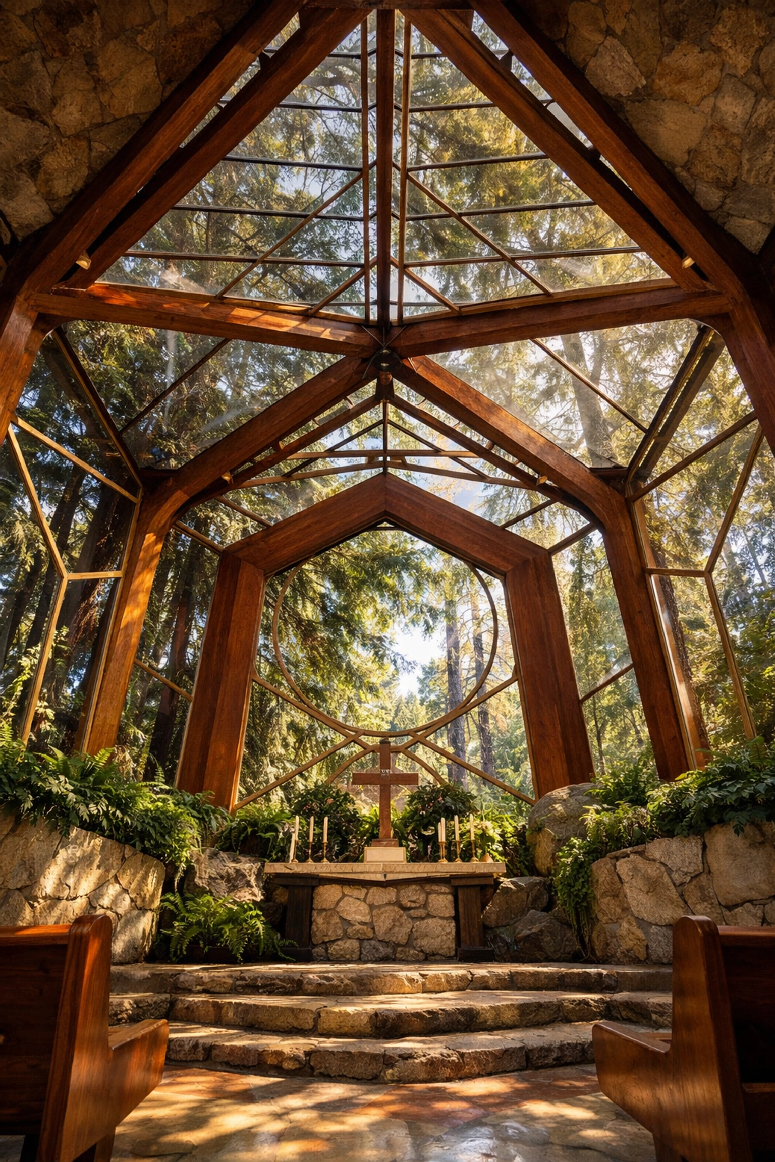 Sunlight through the glass walls of Wayfarer’s Chapel, a stunning photo spot for architectural fans.