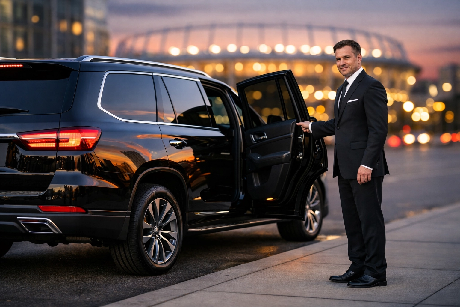 Chauffeur opening an executive SUV door for VIP Super Bowl ground transportation and logistics.