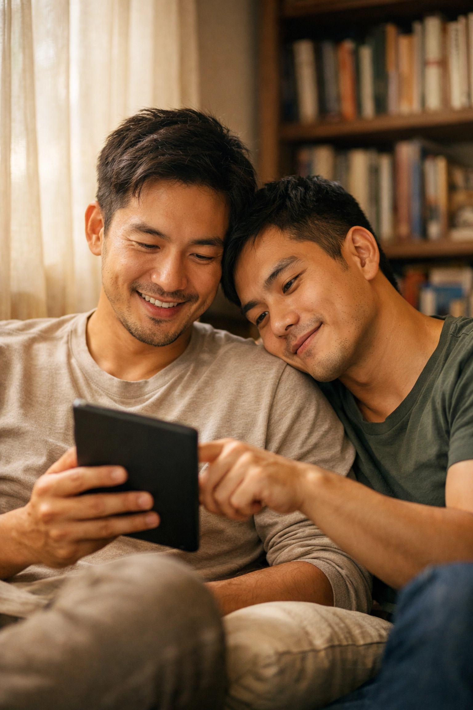 Gay couple reading MM romance ebooks together in private sanctuary space