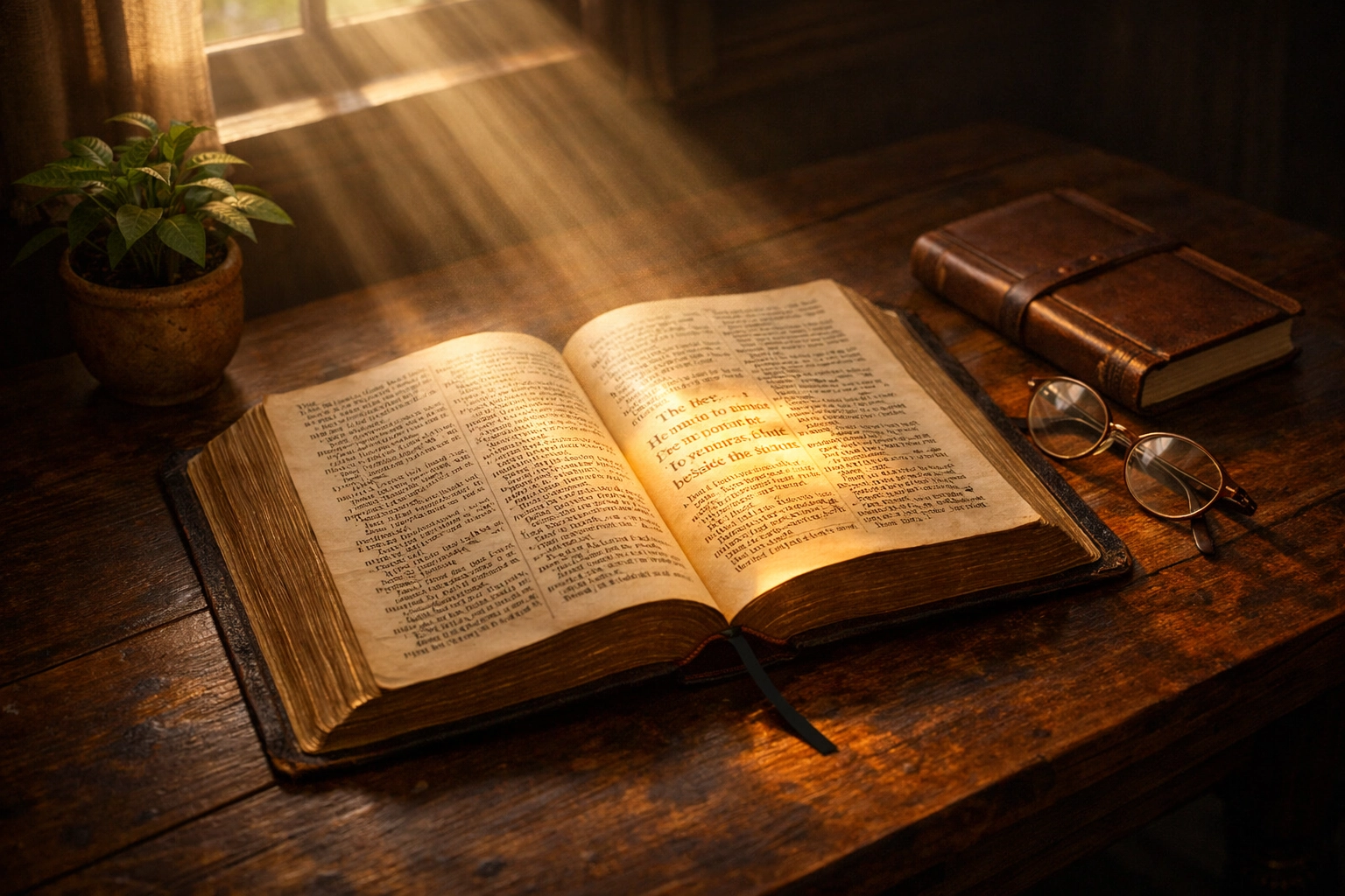 Open Bible on wooden desk with morning sunlight streaming across pages for devotional time