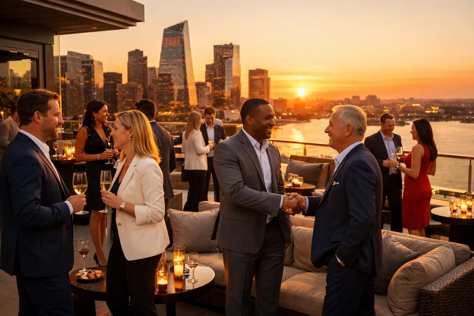 VIP executives networking at a sunset rooftop reception during Super Bowl week.