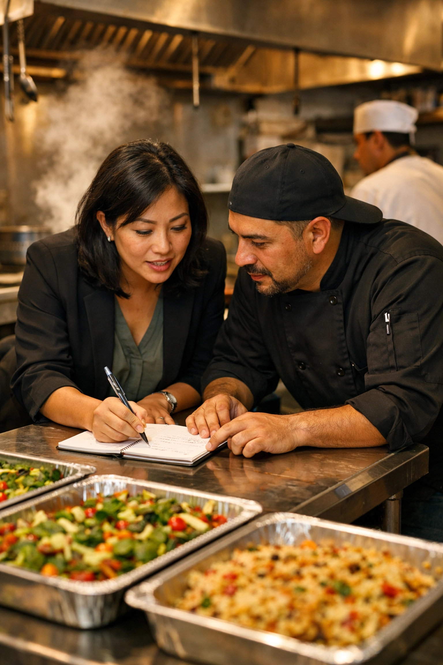 Restaurant consultant and chef in an Oakland kitchen developing a high-volume catering strategy.