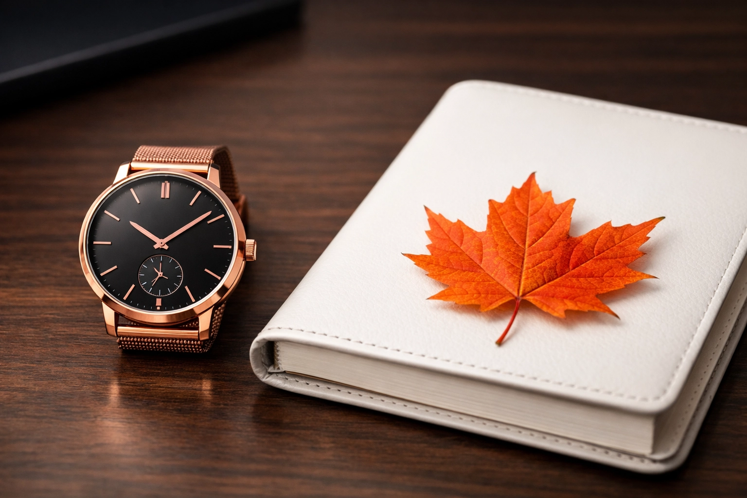 Watch and maple leaf on a planner representing strategic timing for Canadian university admissions.