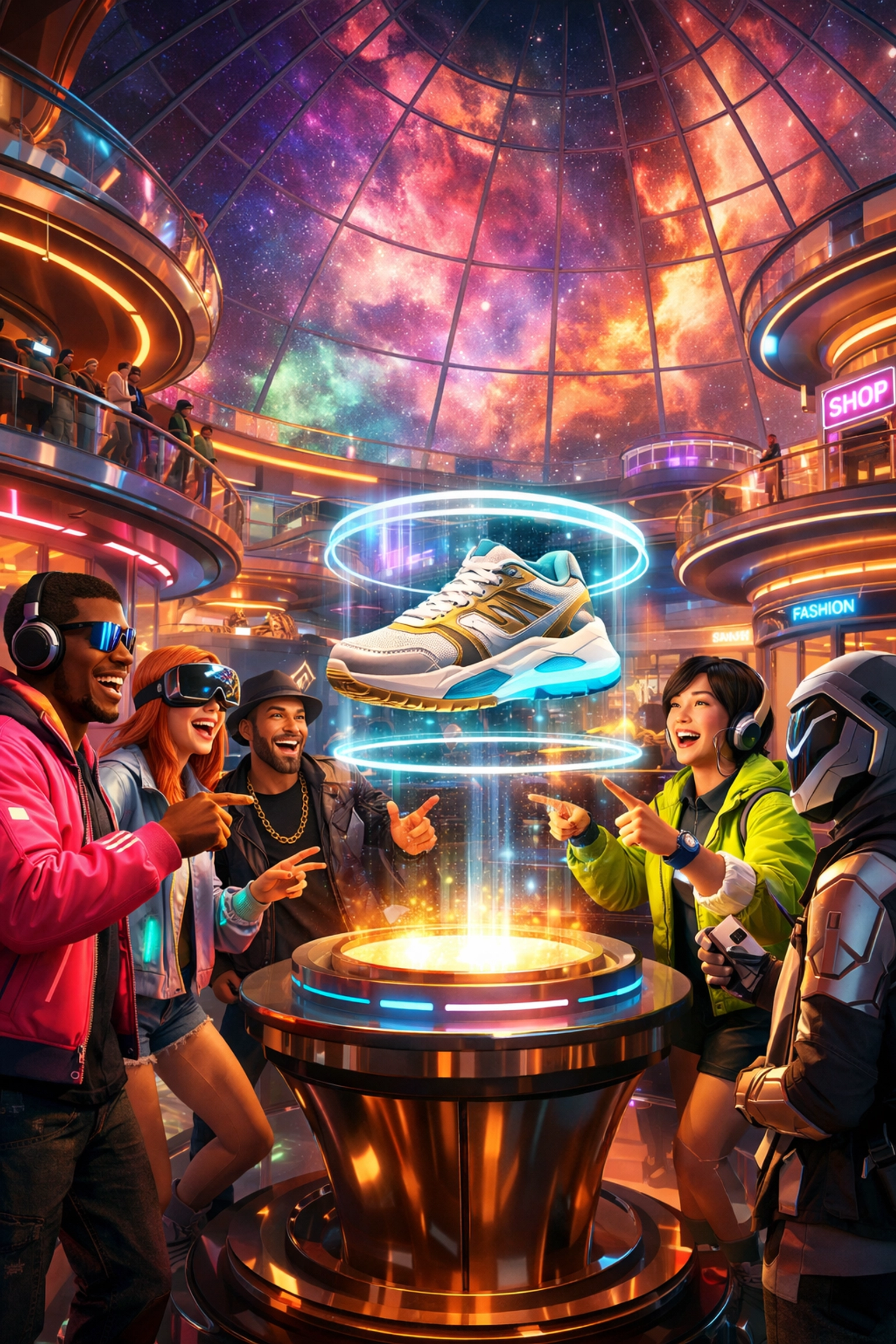 Group of avatars experiencing social shopping in a futuristic virtual mall powered by Larecoin payments.
