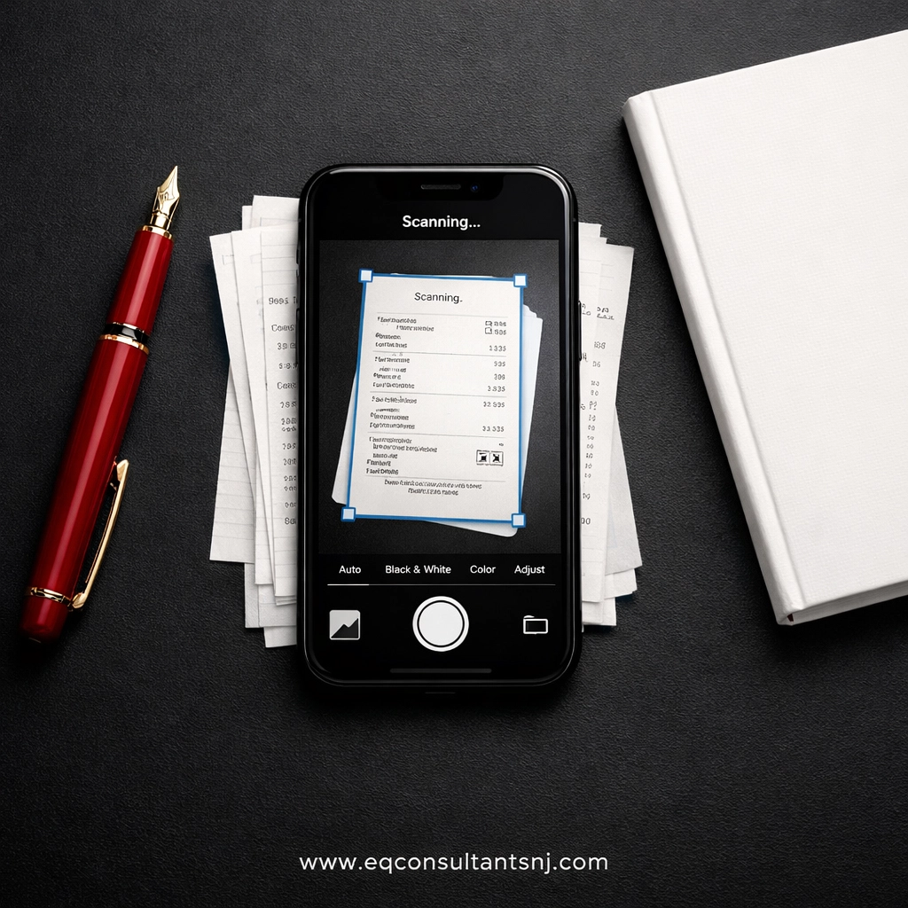 Smartphone app scanning paper receipts on a desk to simplify self-employed bookkeeping records.