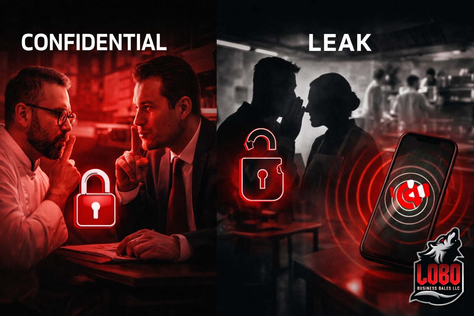 Confidentiality vs leaked news in a restaurant sale—secure lock vs broken lock