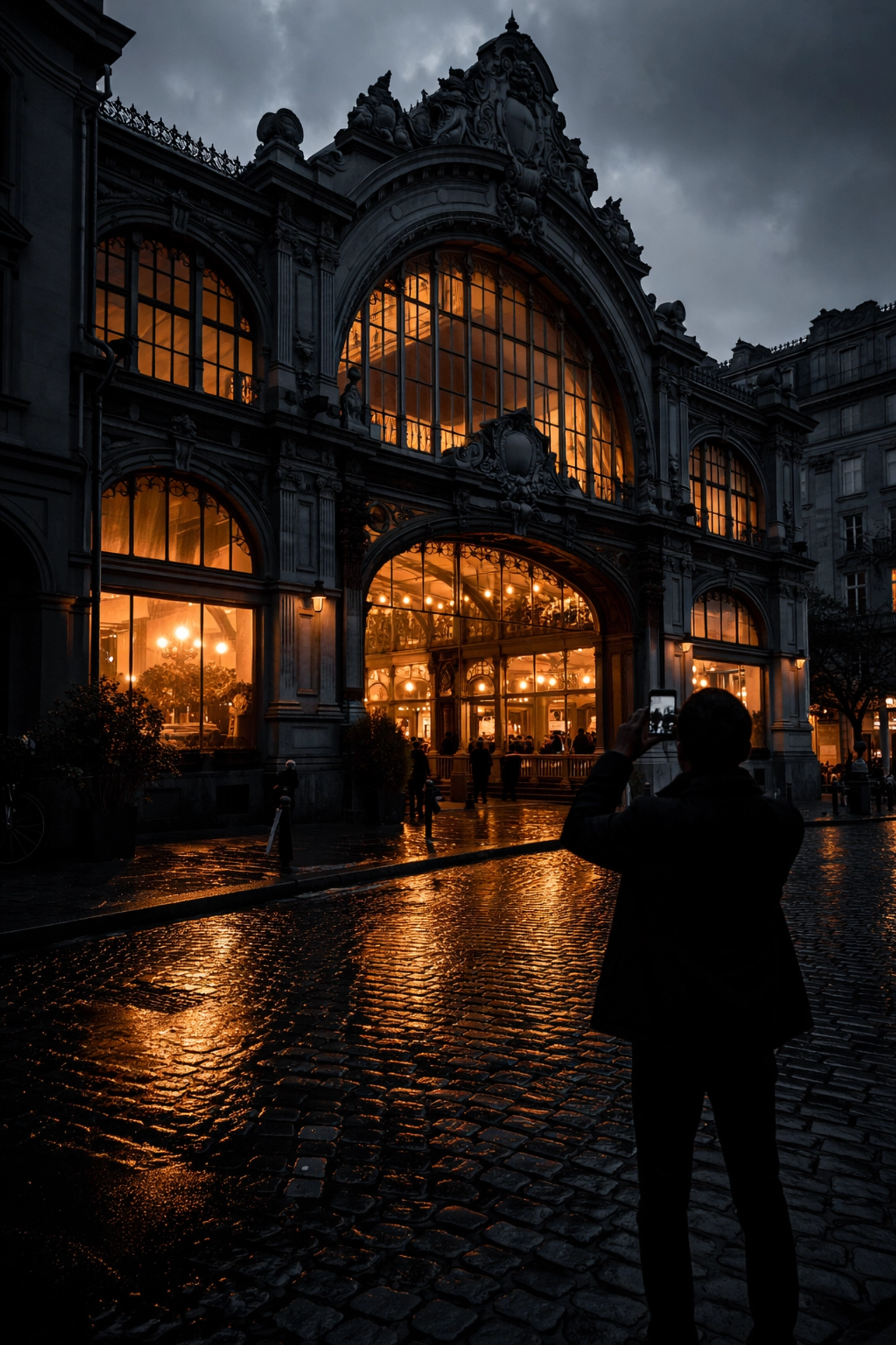 Historic market building at dusk with orange-lit windows, capturing the atmosphere of grocery tourism adventures