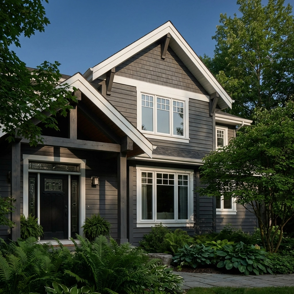 Modern craftsman-style home in Chattanooga with charcoal gray siding and white trim blending into green landscape