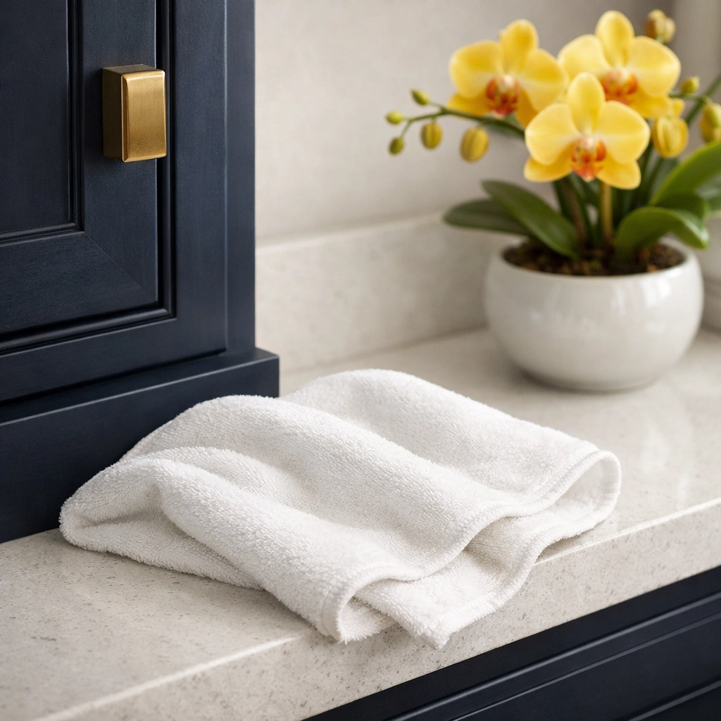 Detail-oriented cleaning of high-end cabinets and quartz countertops in a Natick luxury home.
