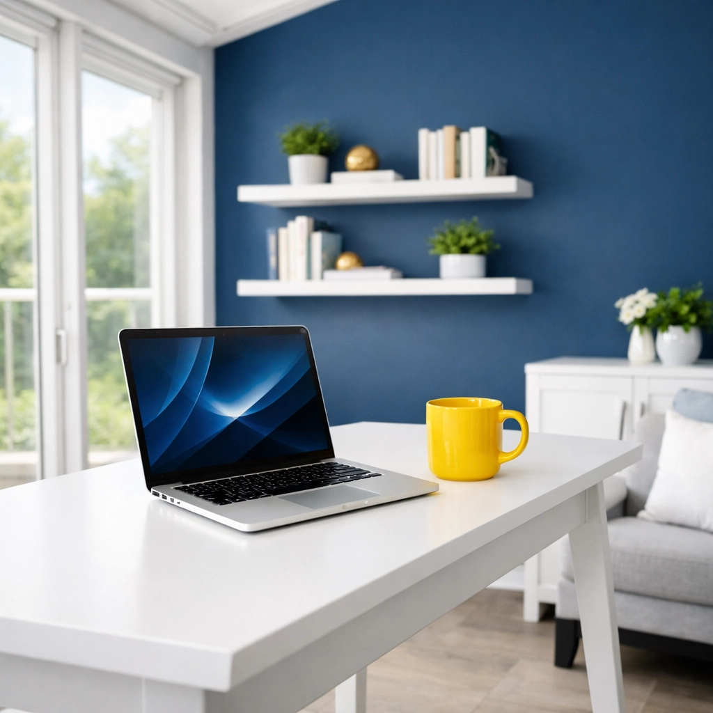 Organized and clean home office desk promoting professional focus through regular house cleaning services.