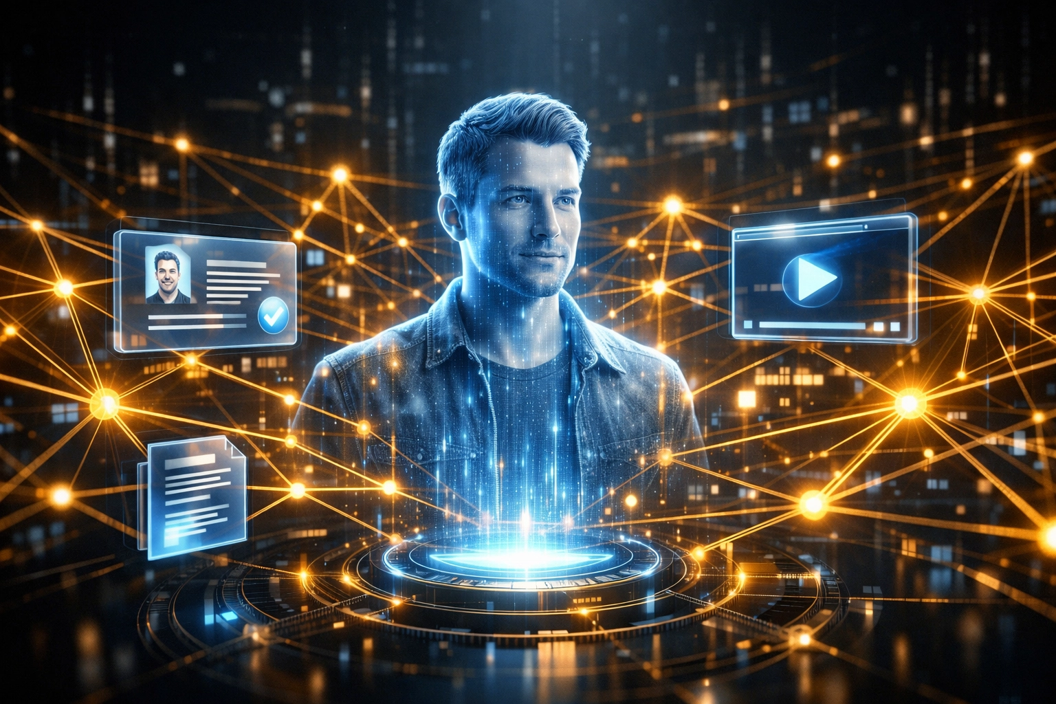 Digital identity graph showing interconnected data nodes, illustrating schema markup and author authority.
