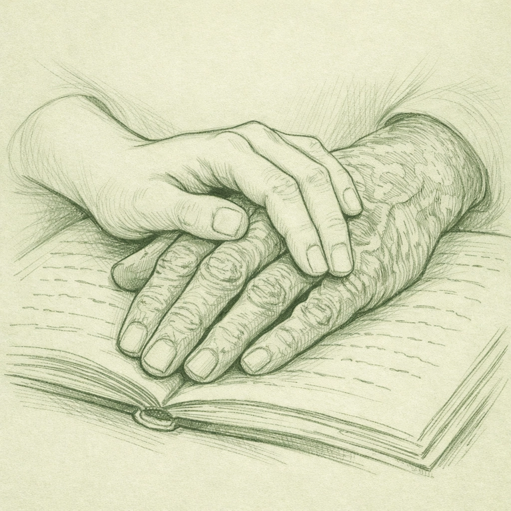 Young and aged hands intertwined over book - intergenerational gay romance connection