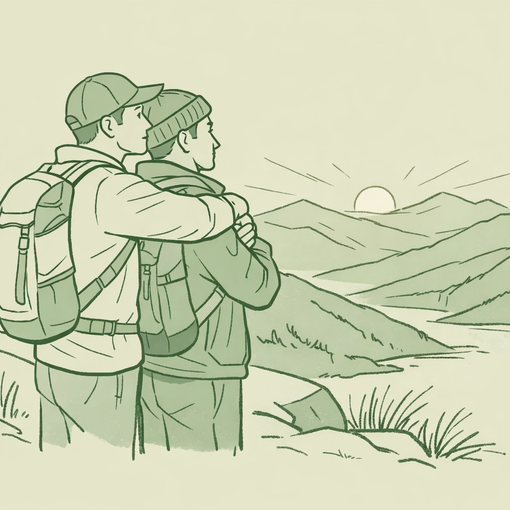 Two men embracing on mountain peak during golden hour - MM romance outdoor intimacy and adventure