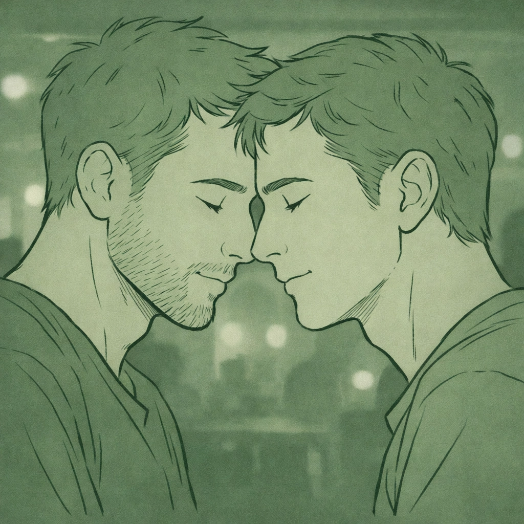 Intimate moment between two men at party - authentic gay love story