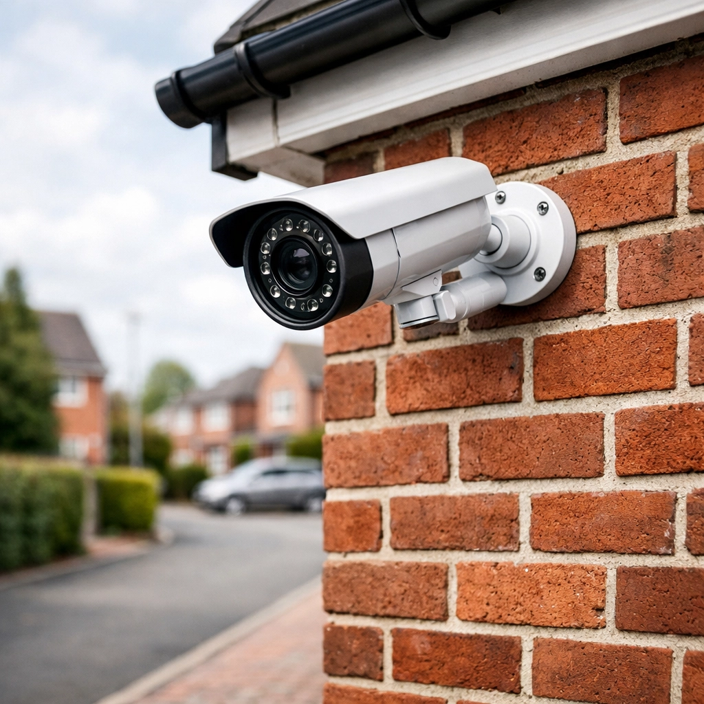 Professional CCTV installation on a red-brick Yeovil home overlooking a driveway for high-definition security.