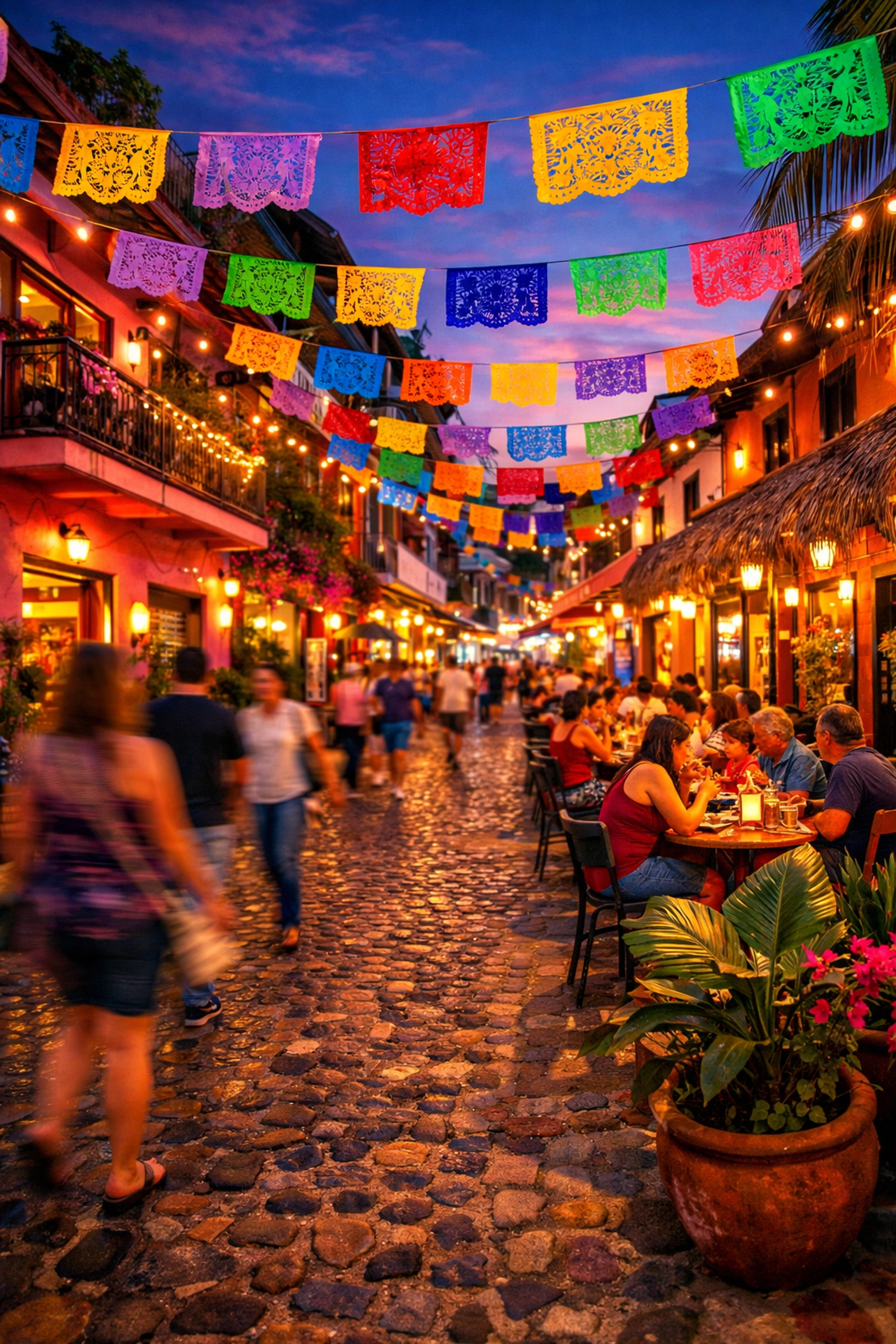 Cobblestone street scene in Zona Romantica with restaurants and colorful buildings