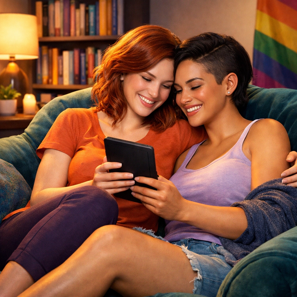 A lesbian couple sharing an e-reader to enjoy a queer fiction story together in a cozy setting.