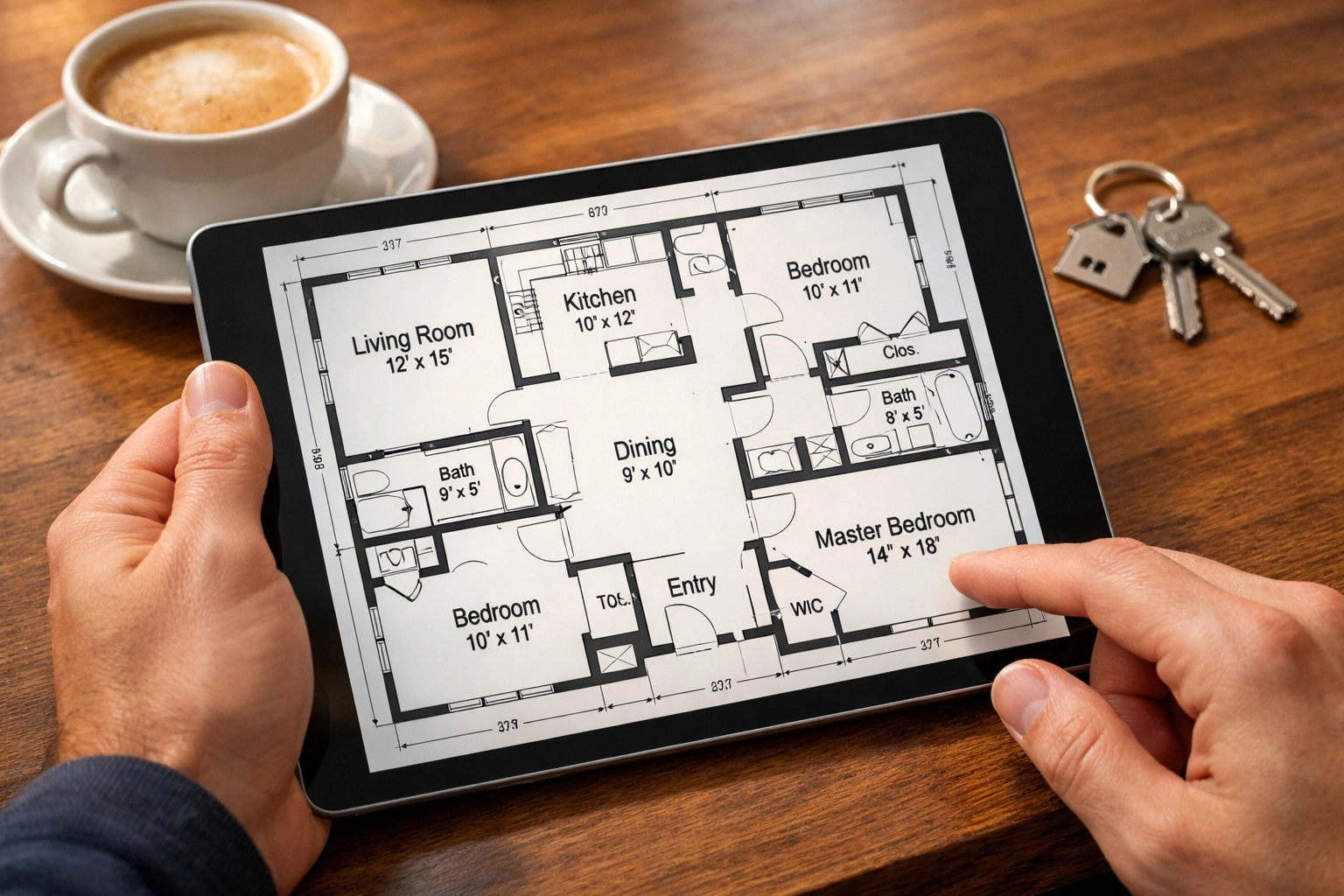 Home buyer reviewing property floor plan on tablet with house keys nearby