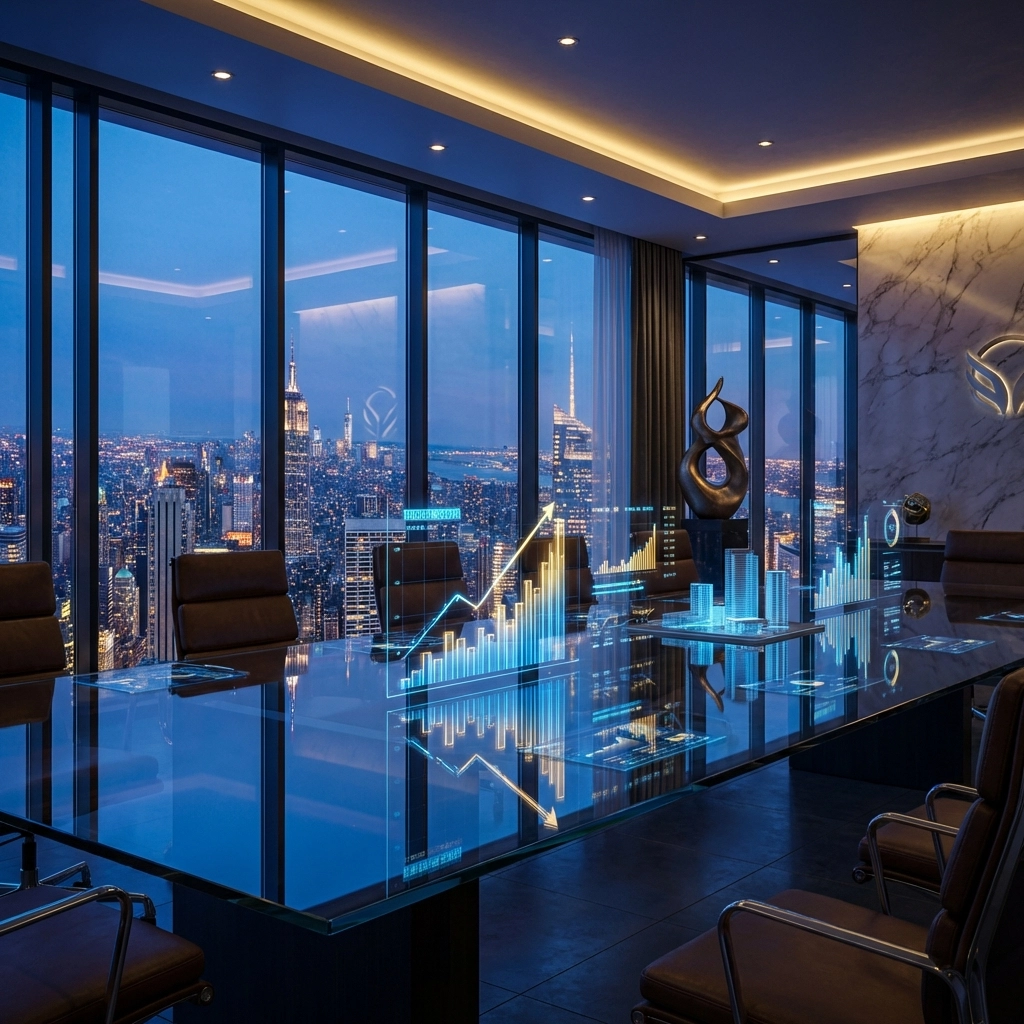 Corporate boardroom with glowing city skyline and digital growth charts symbolizing private equity strategy.