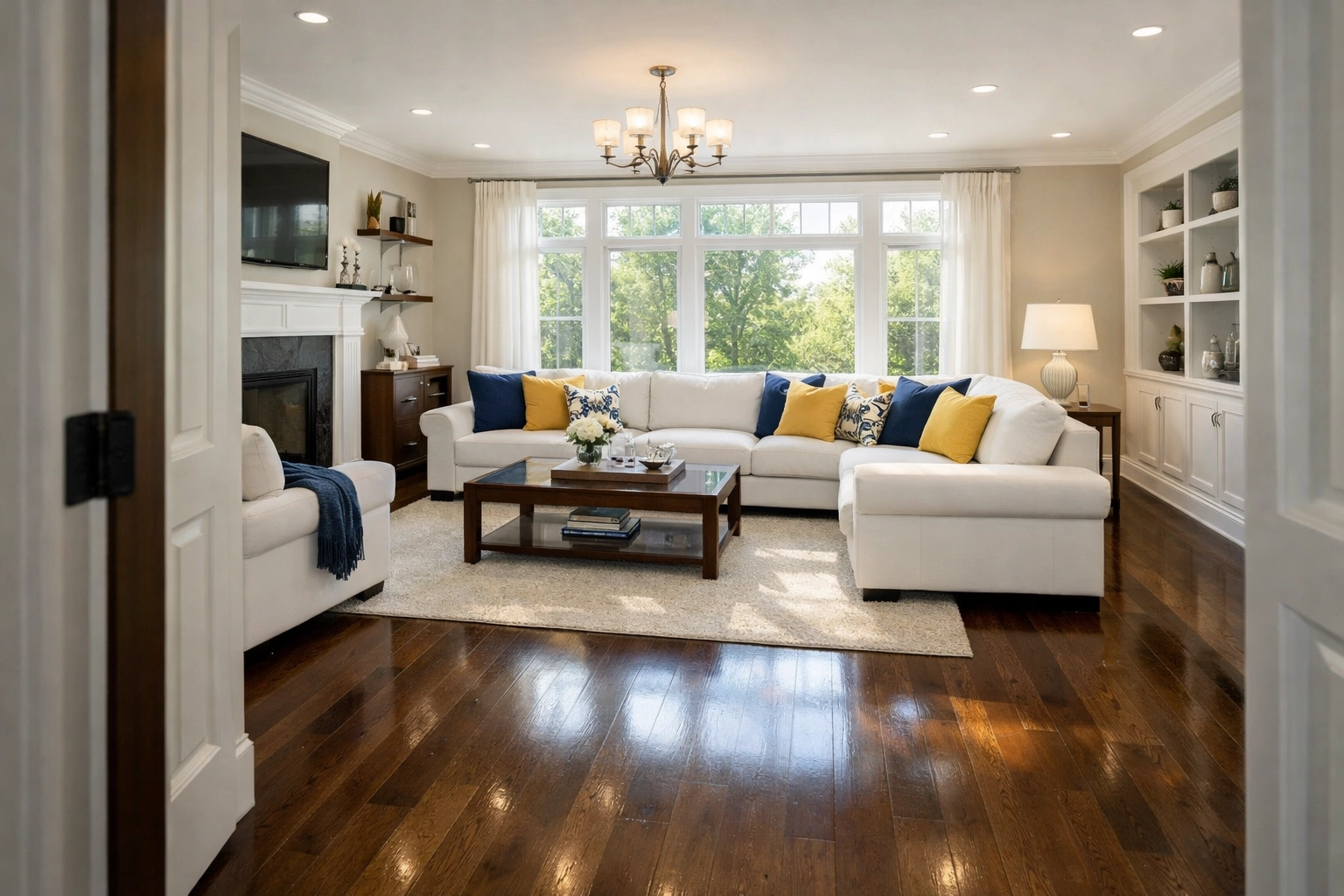 Dust-free living room with polished floors showing quality residential cleaning in Leominster MA.