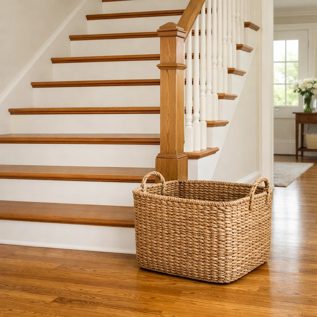 Clutter-free hardwood stairs with a storage basket placed on the floor to prevent trip hazards.