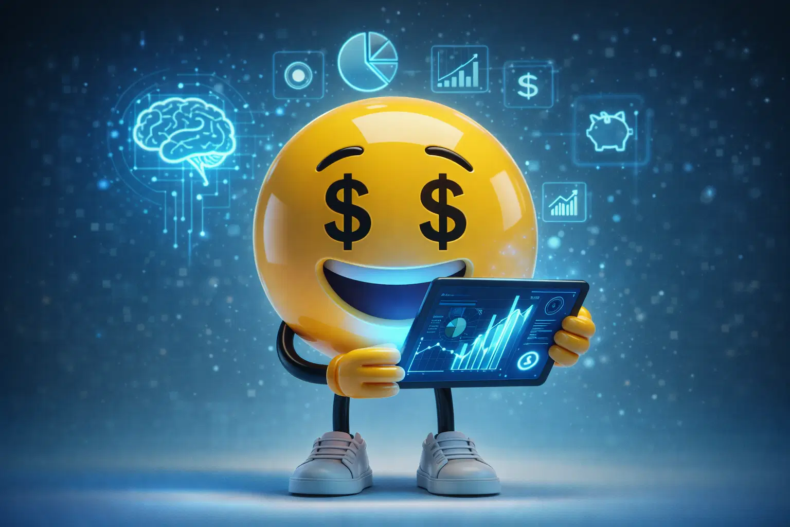 A cheerful emoji character with dollar signs for eyes holds a digital tablet displaying financial graphs.