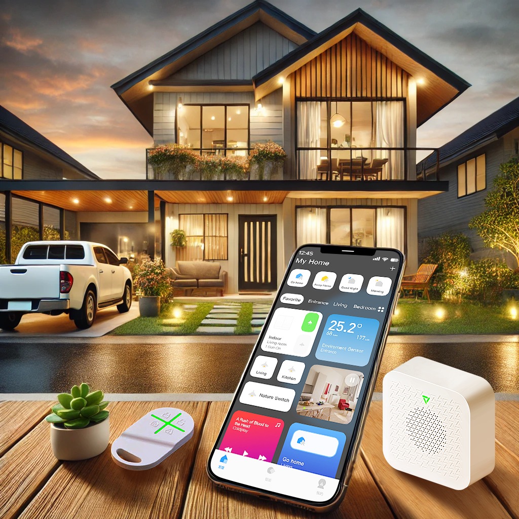 Modern Smart Home Integration Modern home with automated lighting and security, controlled by a central smart home app displayed on a smartphone. Smart devices, including a wireless remote and smart sensor, are shown in the foreground, highlighting seamless integration of lighting, climate control, and security through LifeSmart Australia's solutions.