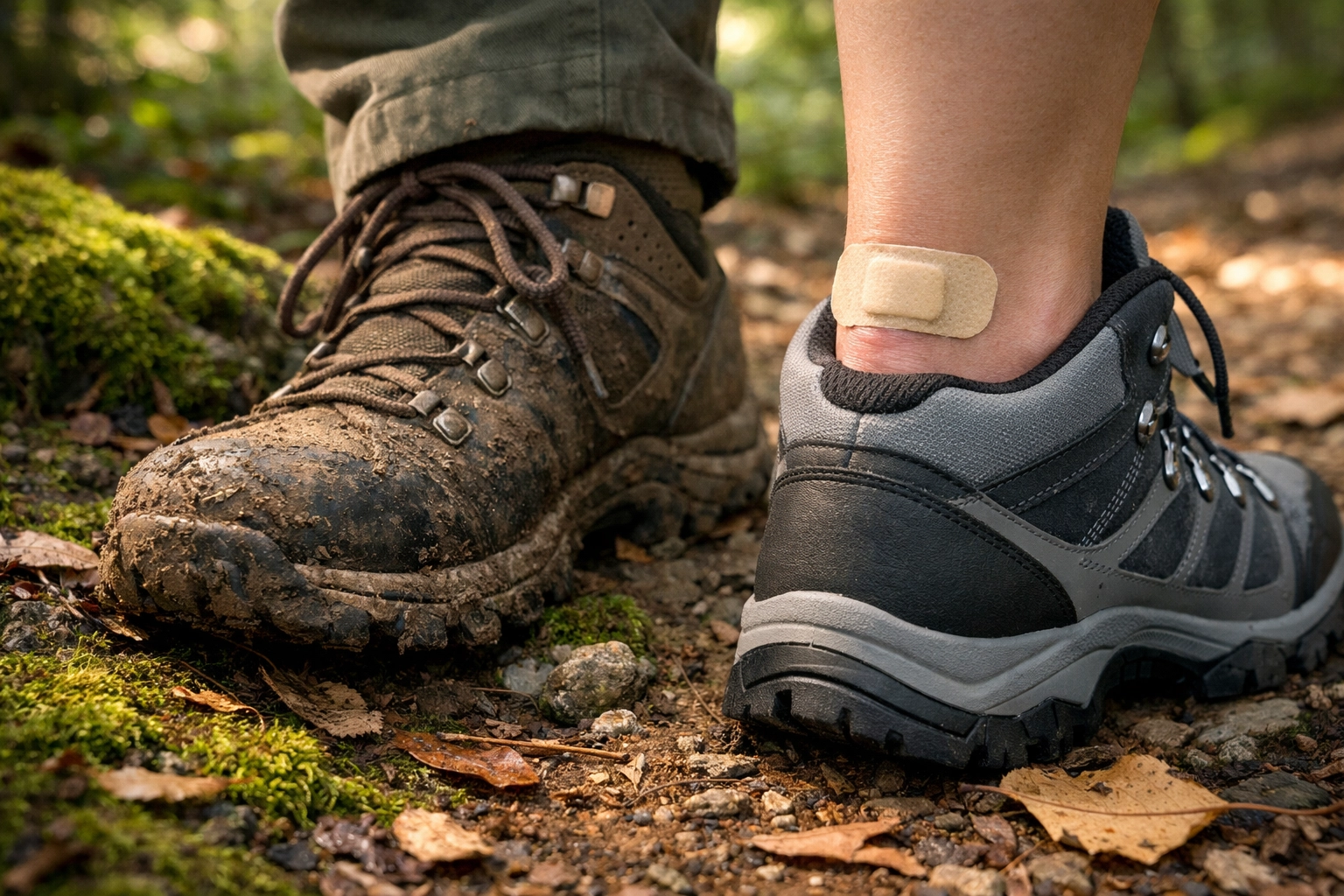 Comparison of broken-in hiking boot versus new stiff boot on UK woodland trail
