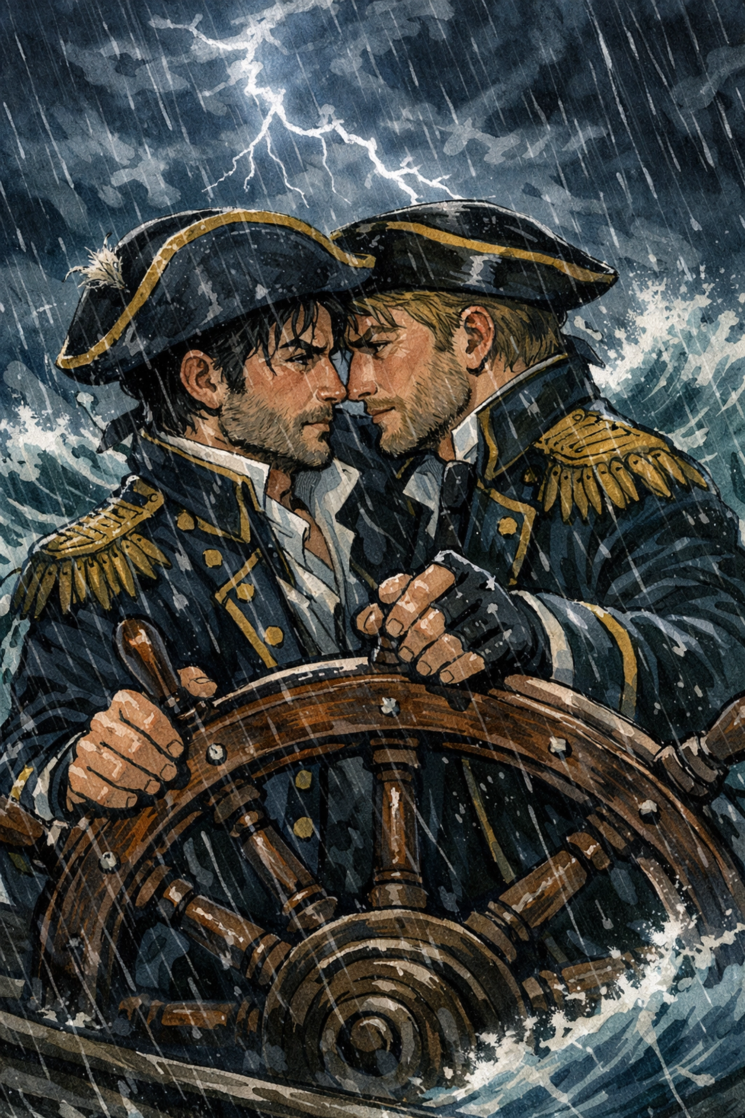 Naval officers navigate storm together at ship's wheel - passionate MM adventure romance