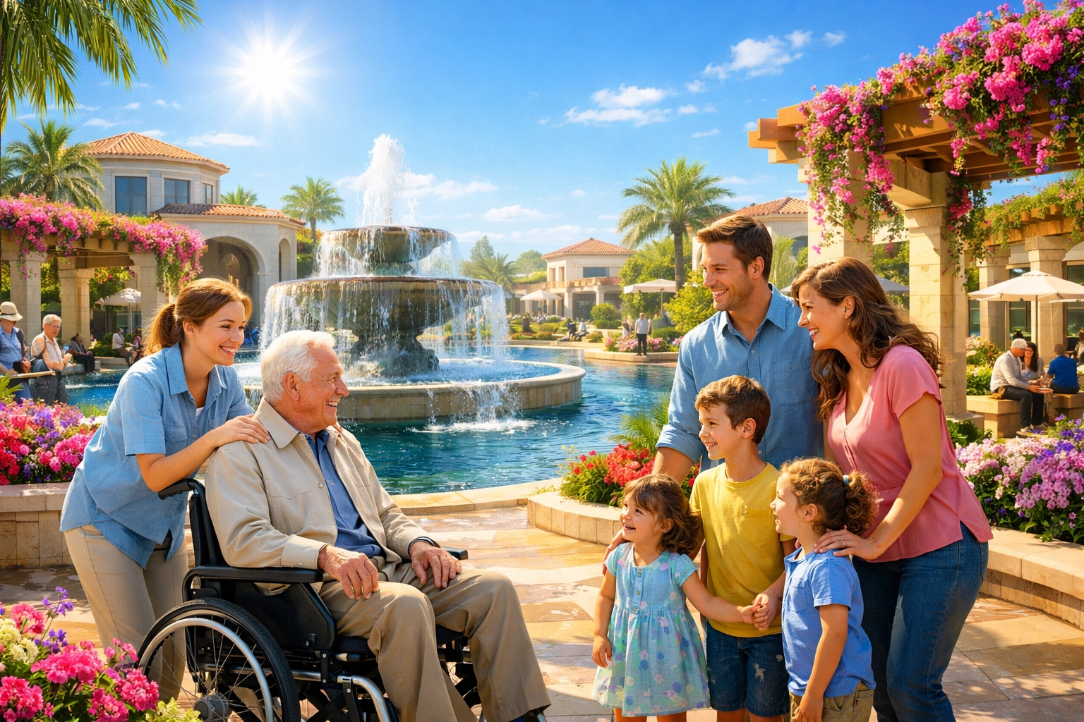 Diverse community gathered in a bright, peaceful plaza, illustrating a future of freedom and restoration.