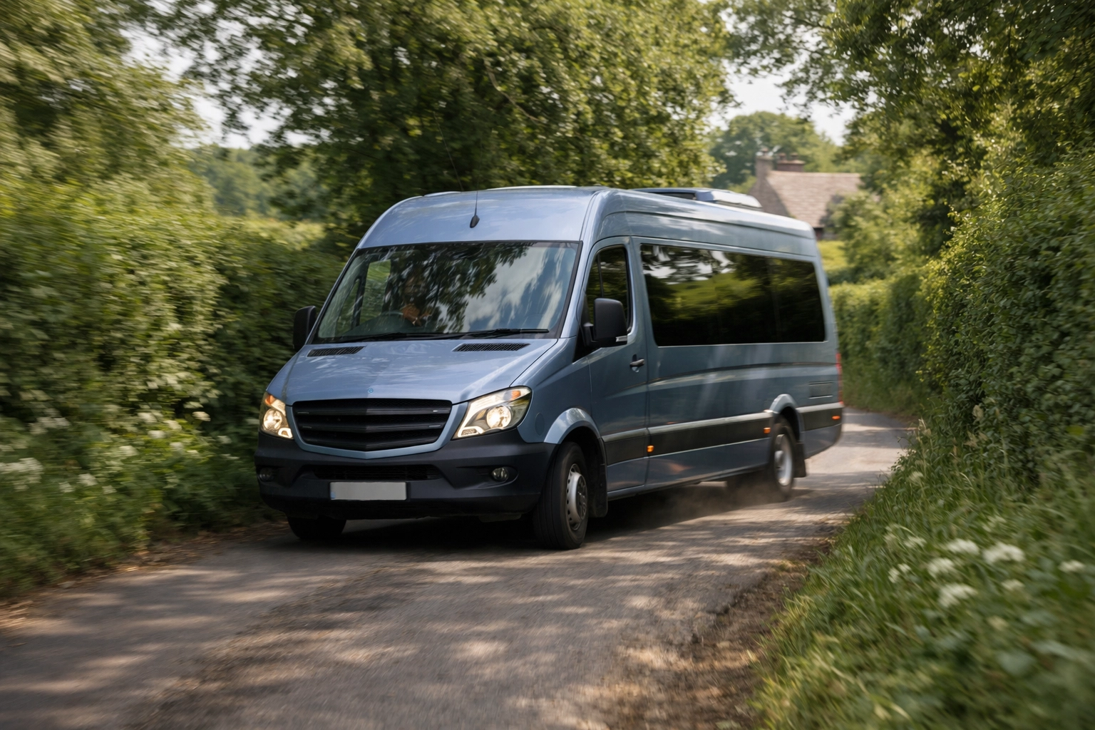 A silver blue Mercedes minibus navigating a narrow, green-hedged country lane in the Cotswolds.