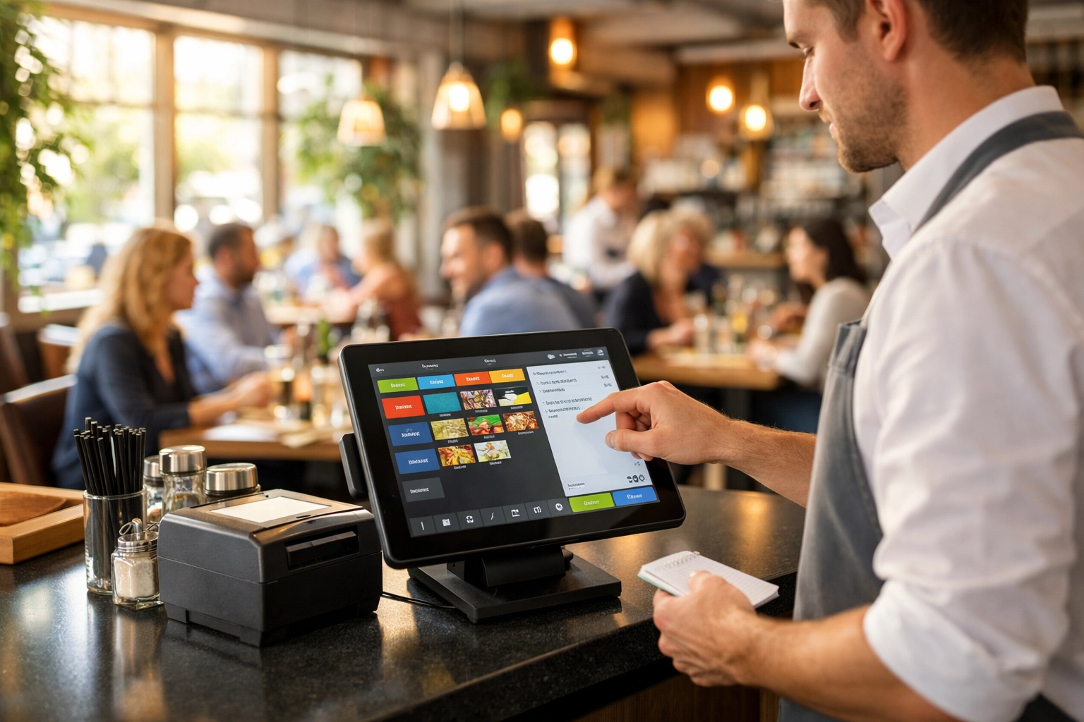 Waiter using tablet EPOS system in busy UK restaurant during lunch service