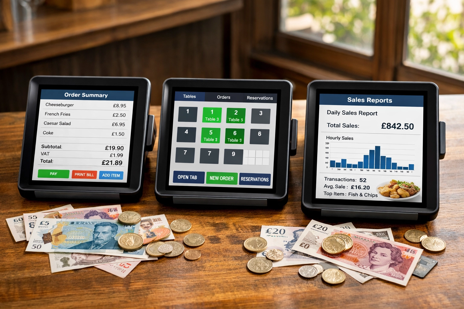 Comparison of three different POS system tablets with UK currency showing pricing options