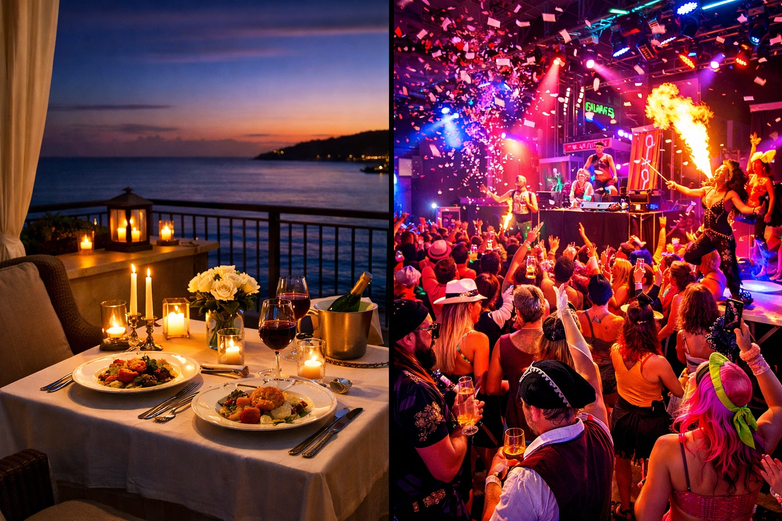 Side-by-side comparison of romantic Desire dinner versus social Temptation party atmosphere