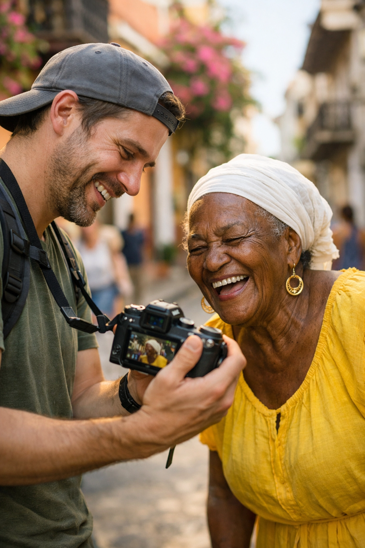 Street photographer showing a candid photo to a woman on a sun-drenched city street.