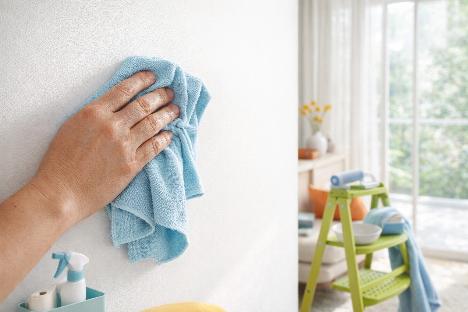 Hand cleaning wall with cloth before applying peel and stick wallpaper to ensure proper adhesion