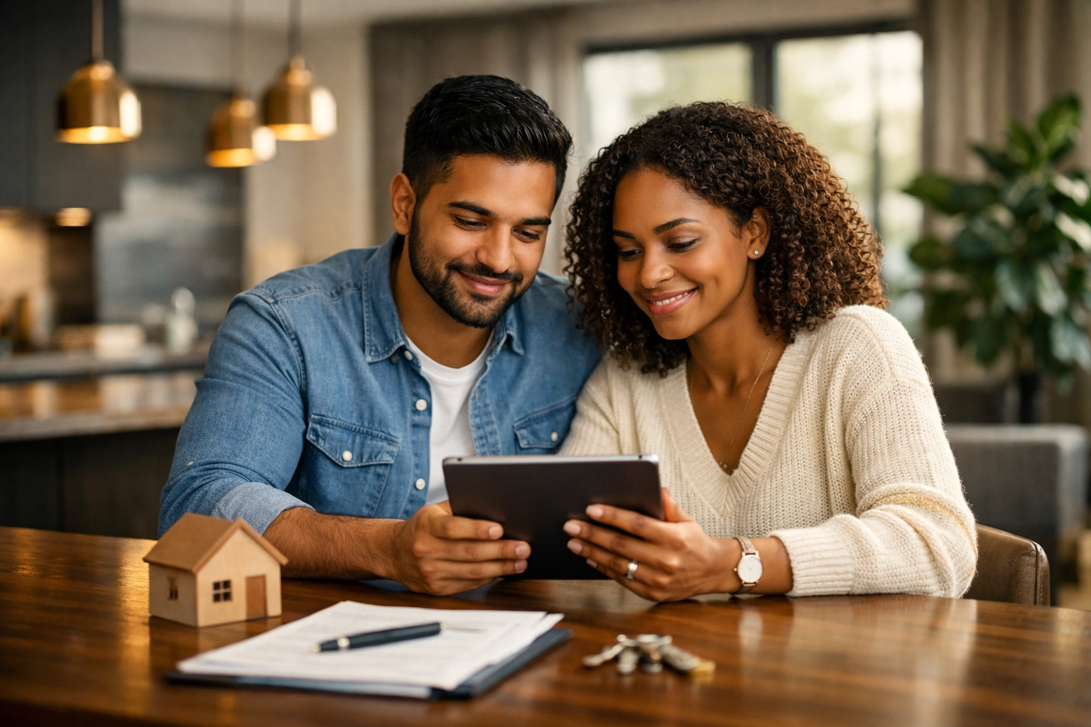 Couple in a modern Ontario home reviewing mortgage pre-approval and real estate financial plans.