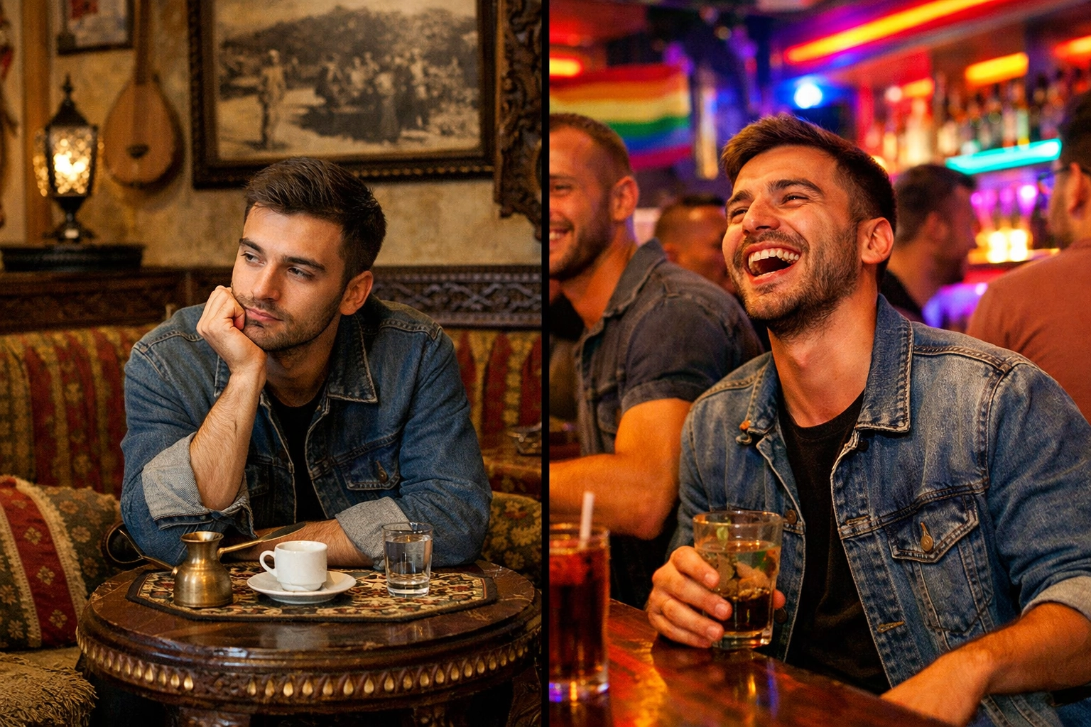 Gay Albanian man contrasting life in traditional Shkodër café versus freedom in Athens LGBTQ+ scene