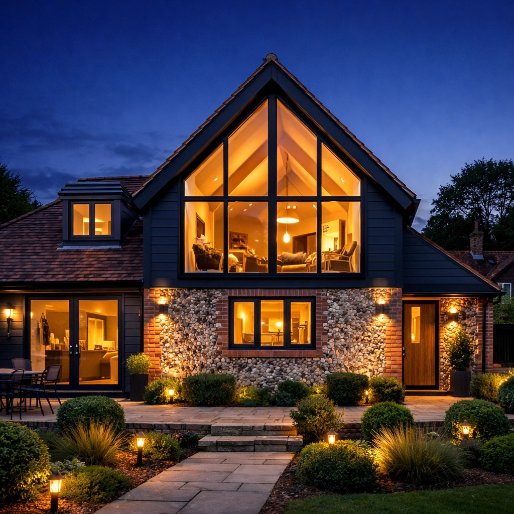 Modern bungalow transformation in West Sussex featuring a large apex window and timber cladding.
