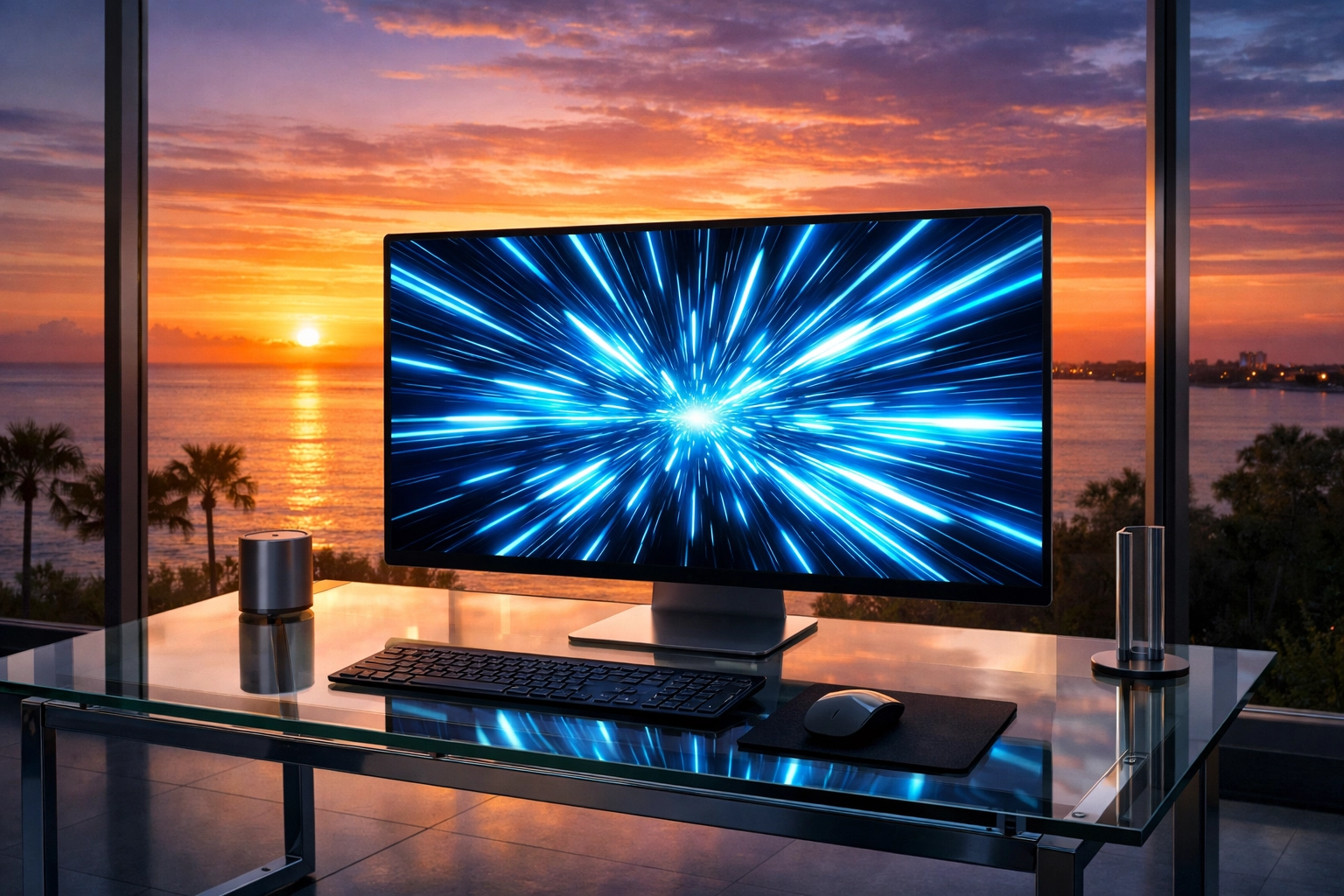 Modern Sarasota office workstation showing fast website speed for Google AI search indexing.