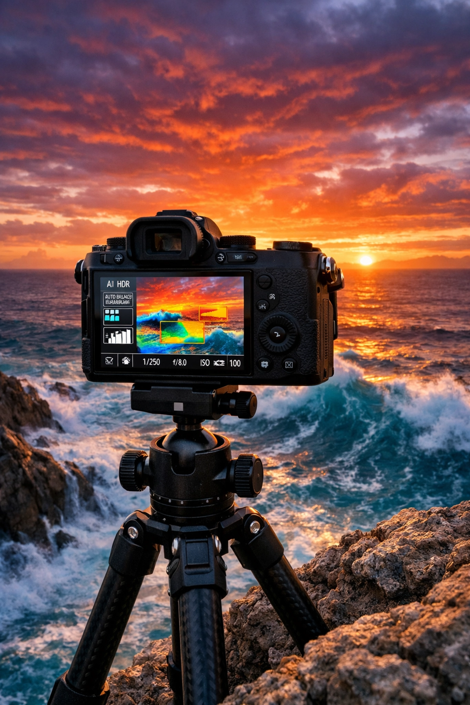 Professional camera gear using real-time AI photo editing to balance dynamic range during a coastal sunset.